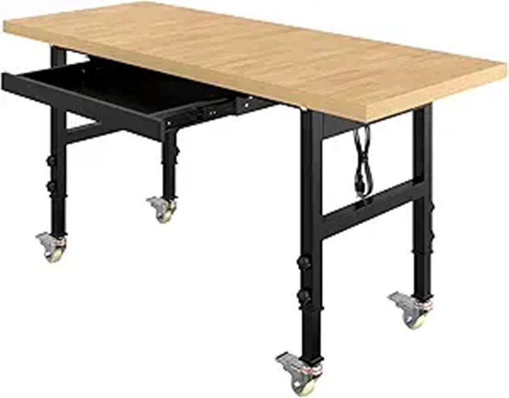 Adjustable Height Workbench with Wheels and Power Outlets