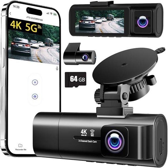 3-Channel 4K Dash Cam with WiFi Night Vision